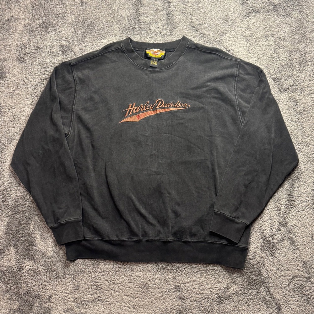 Harley Davidson Vintage Faded Black Embroidered Sweatshirt Mens XL Crewneck - Picture 1 of 6